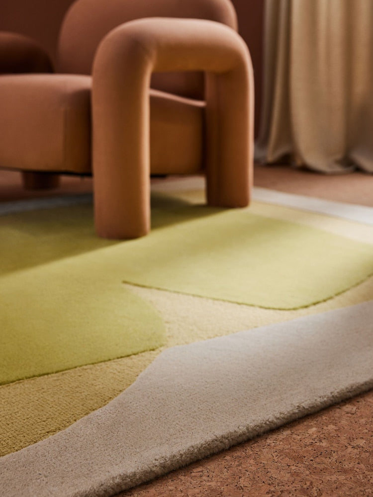 Modern Abstract Yellow Green Area Rug – Hand-Tufted Wool Carpet with Minimalist Organic Shapes for Living Room, Bedroom & Office Decor