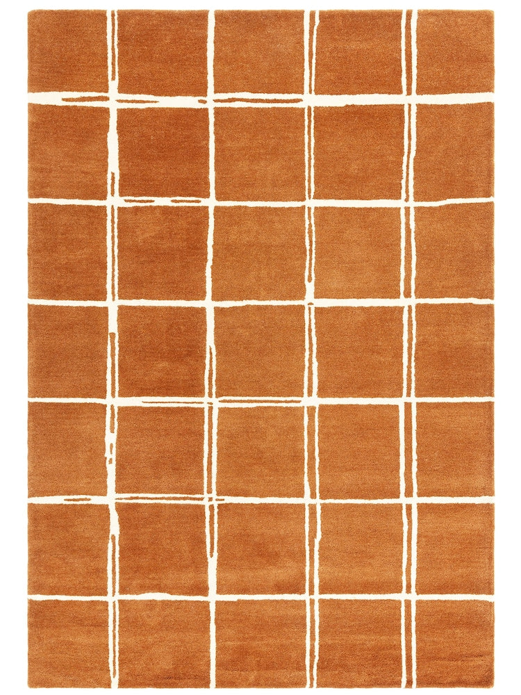 Modern Terracotta Grid Area Rug – Hand-Tufted Wool Carpet with Minimalist Checkered Pattern for Living Room, Bedroom & Office Decor