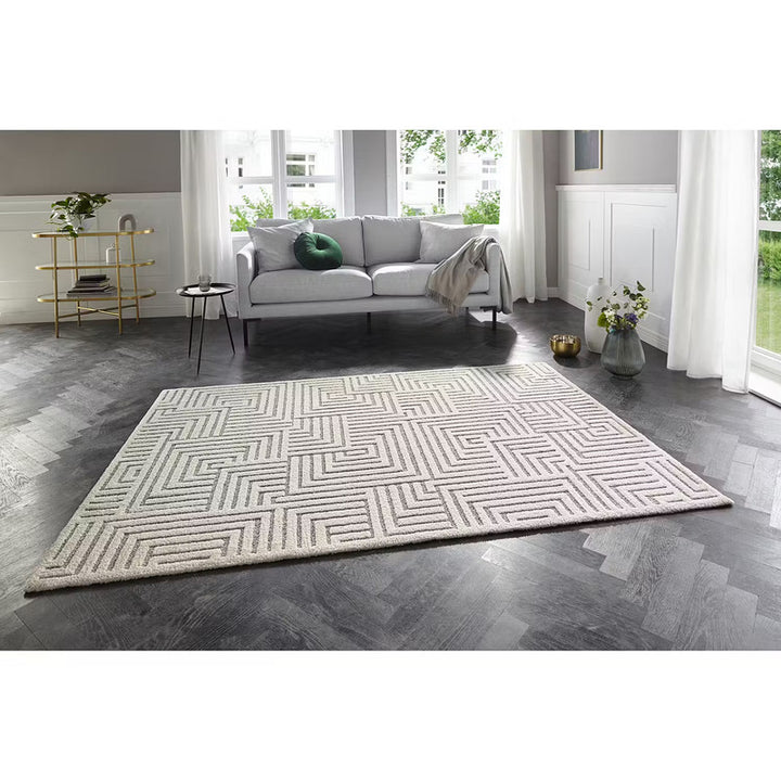 Modern Ivory Geometric Rug – Hand-Tufted Maze Pattern Carpet for Living Room, Bedroom & Contemporary Home Décor