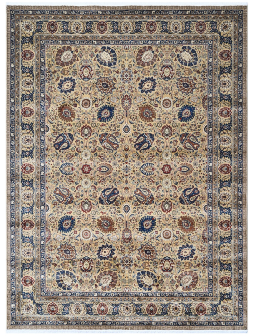 Luxury Persian Silk Rug | Ivory Floral Medallion Design with Blue & Rust Accents | Authentic Oriental Silk Carpet