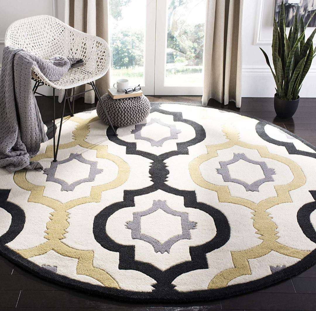 Modern Round Area Rug with Geometric Trellis Design – Soft Cream, Black & Gold Carpet for Living Room & Bedroom