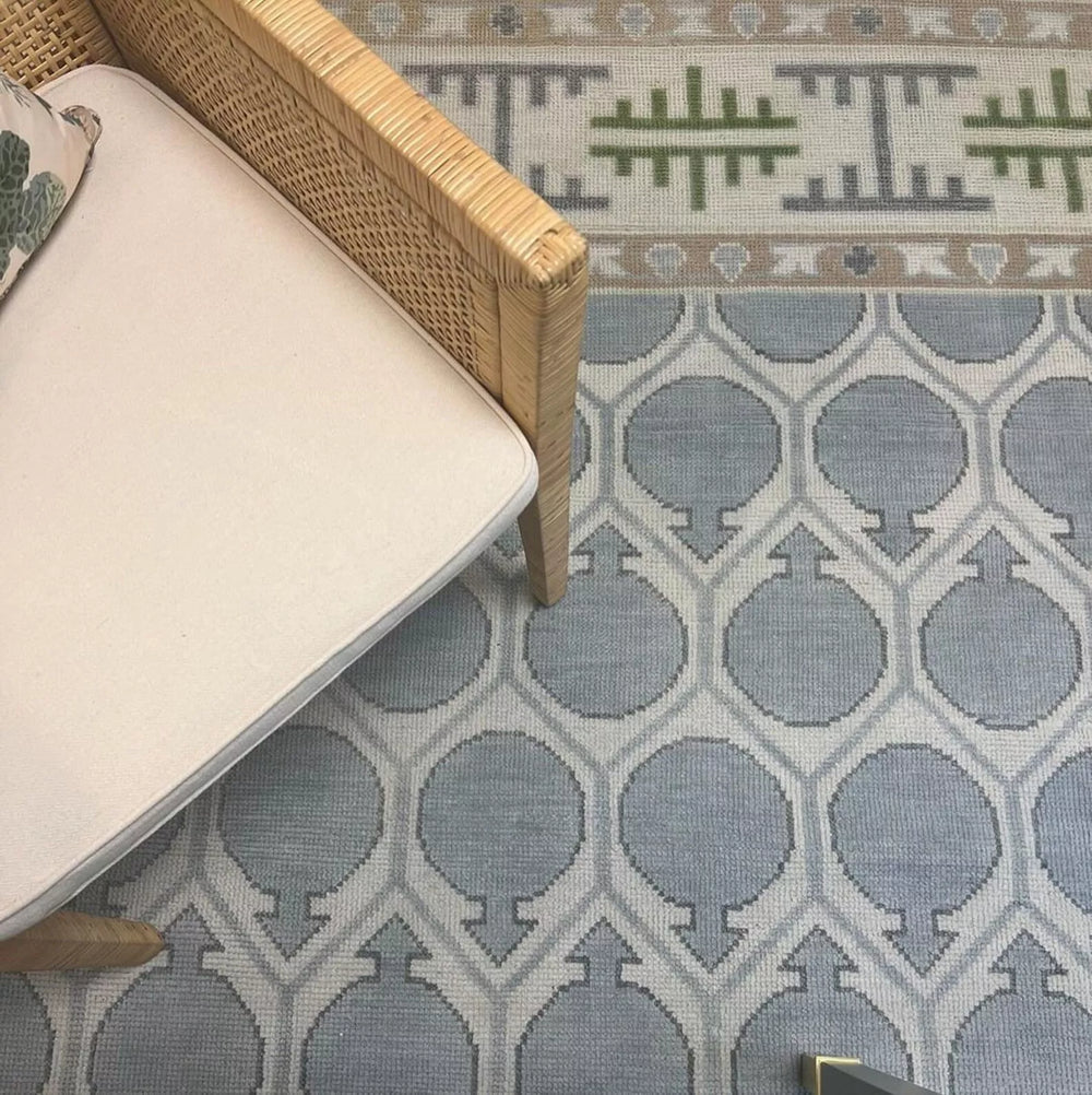 Handknotted Oushak Rug | Soft Blue & Neutral Geometric Turkish Design | Modern Farmhouse & Boho Area Carpet | Durable Wool Living Room Rug