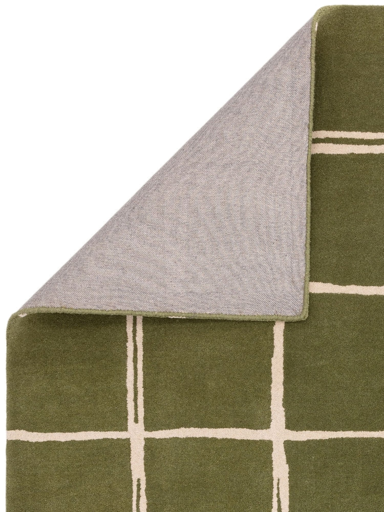 Modern Olive Green Grid Area Rug – Hand-Tufted Wool Carpet with Minimalist Checkered Pattern for Living Room, Bedroom & Office Decor