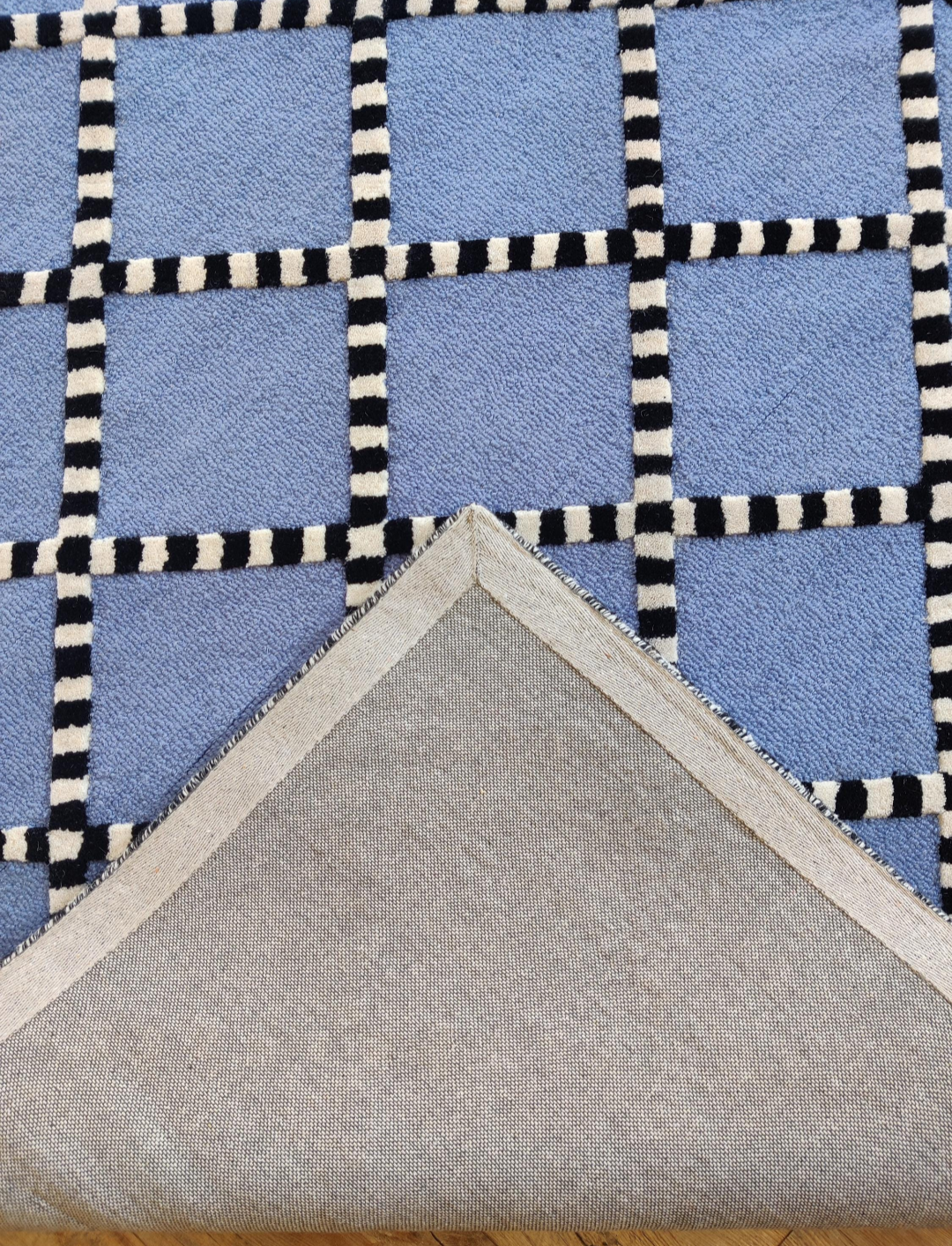 Handmade Blue Geometric Rug – Modern Tufted Diamond Pattern Carpet with Black & White Striped Border, Contemporary Area Rug for Home Decor