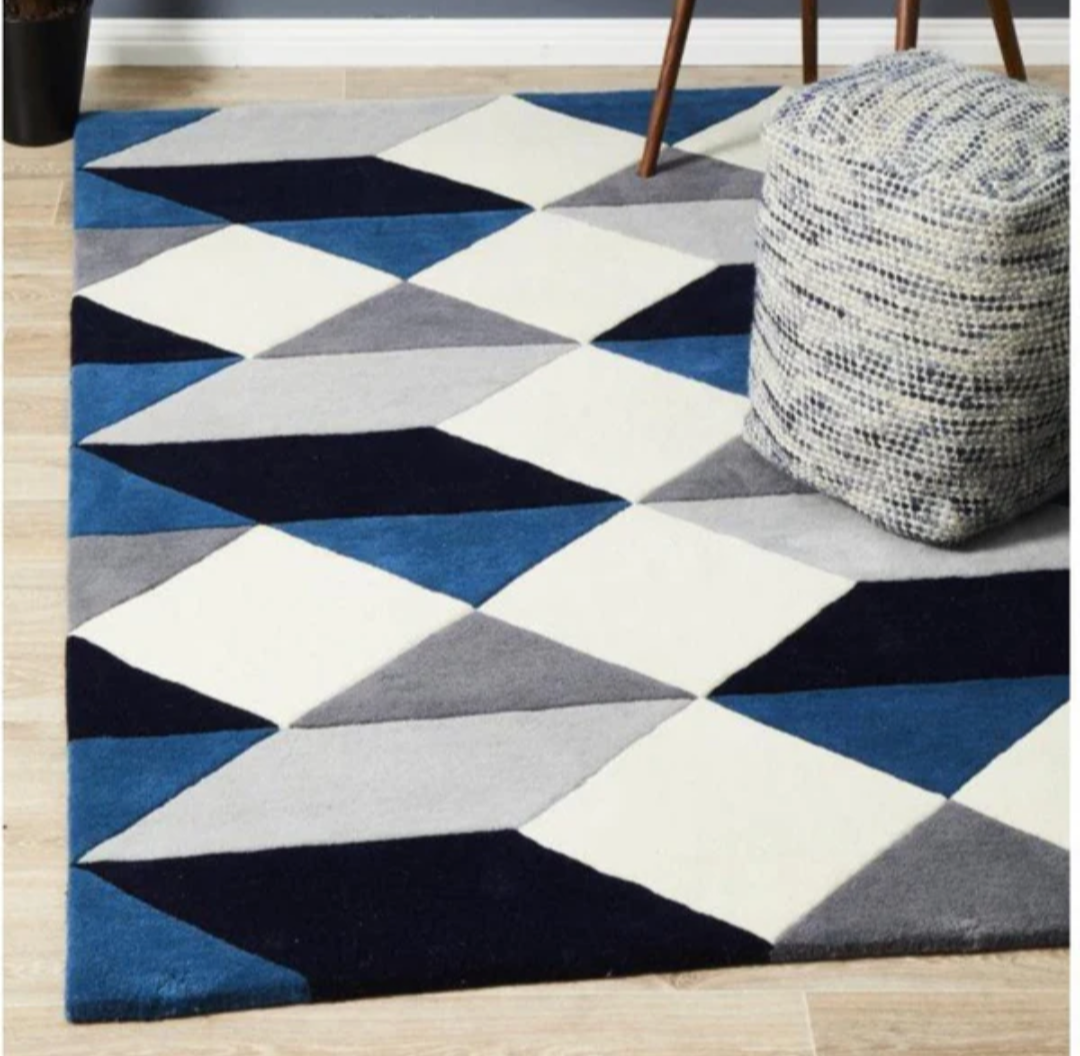 Blue, Gray and White 3D Geometric Area Rug – Modern Optical Illusion Carpet for Living Room, Bedroom & Office Décor