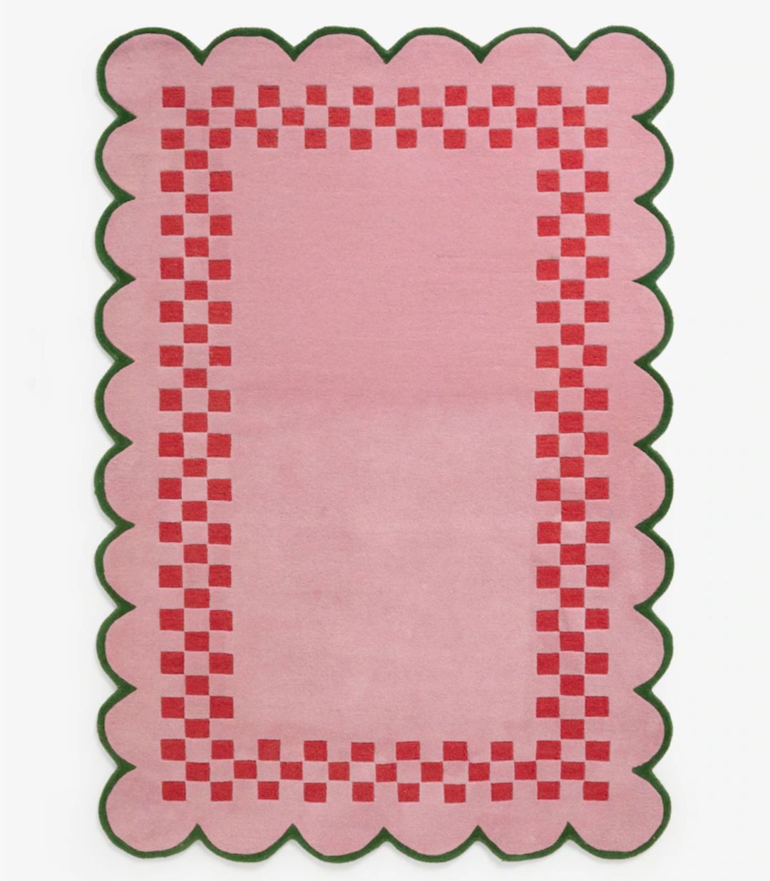Pink Scalloped Edge Checkered Rug – Retro Aesthetic Handmade Carpet for Living Room, Nursery or Bedroom