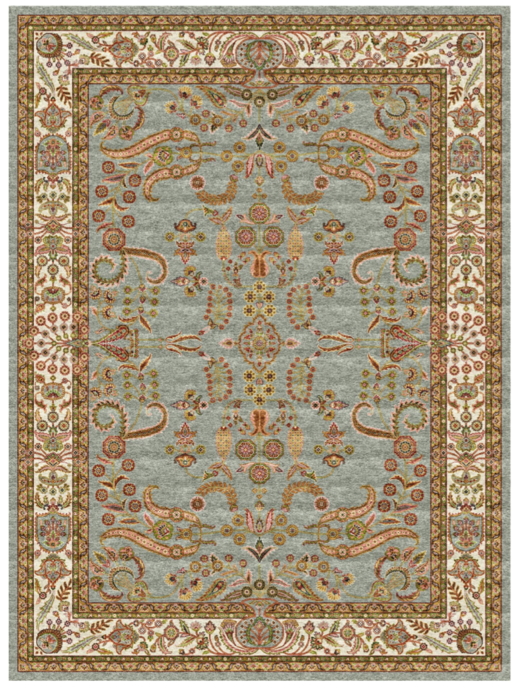Luxury Persian Silk Area Rug – Soft Sage Green Floral Design with Elegant Traditional Border