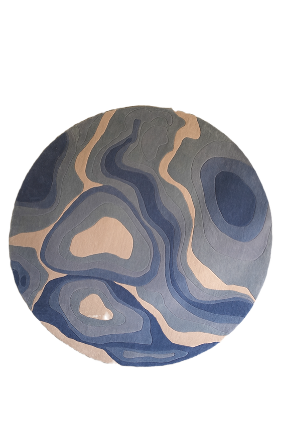 Round Abstract Blue Hand-Tufted Rug | Modern Artistic Wave Pattern Carpet for Living Room & Bedroom Decor