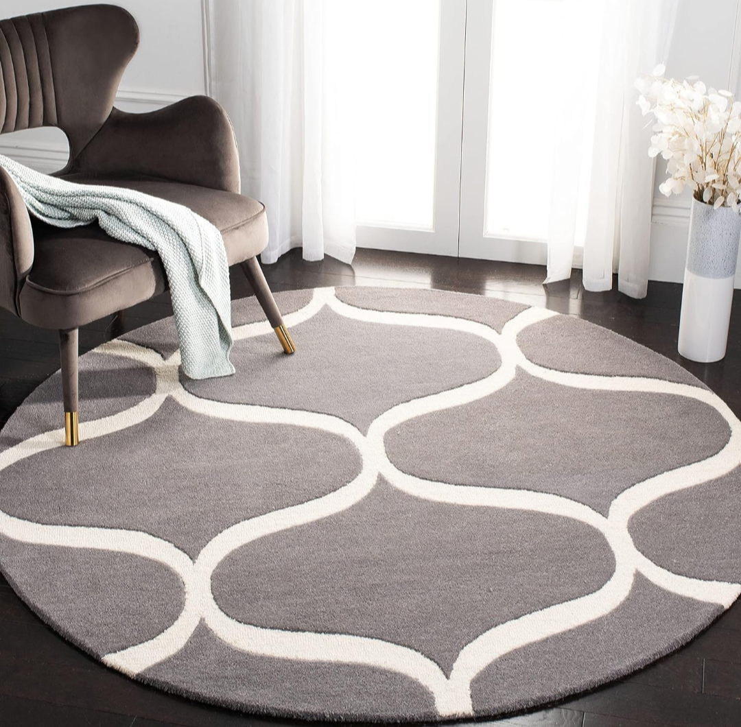 Gray and White Round Area Rug – Modern Trellis Pattern Carpet for Living Room, Bedroom & Office Decor