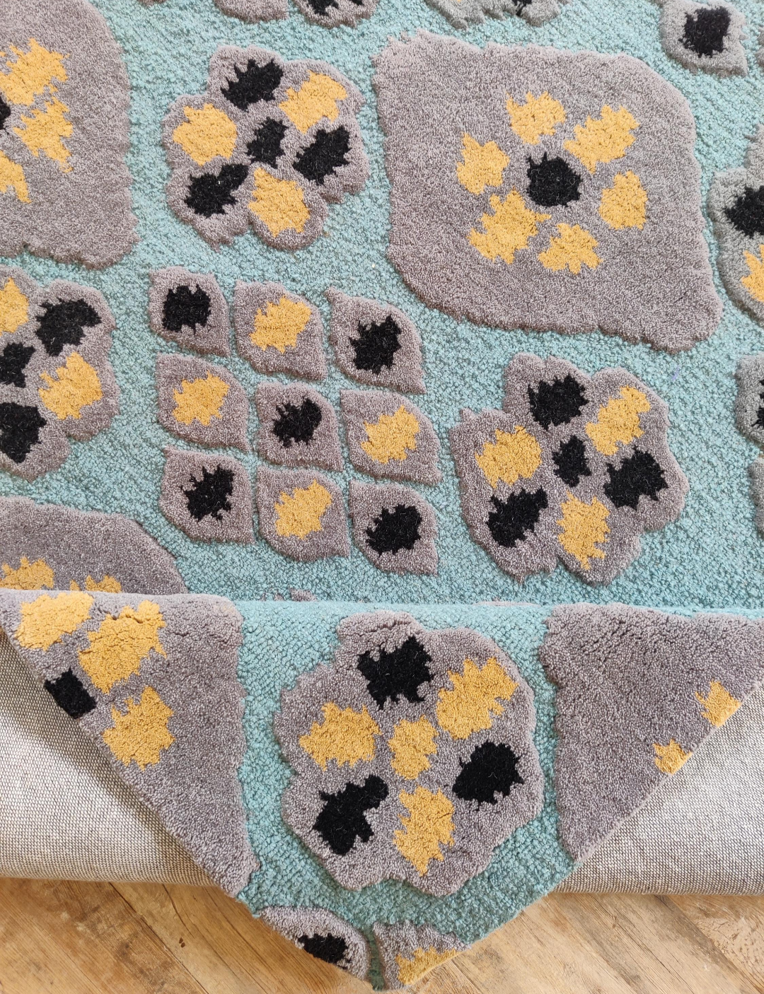 Handmade Wool Geometric Rug | Modern Blue & Grey Area Carpet with Yellow Accents | Contemporary Abstract Pattern Floor Rug for Living Room & Bedroom