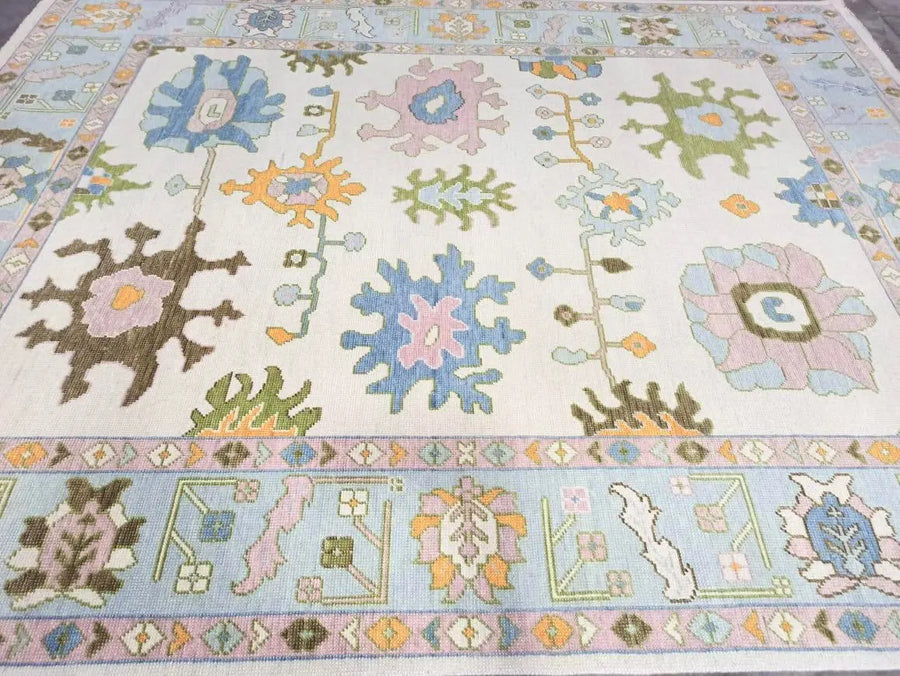 Hand Knotted Oushak Rug – Vintage Turkish Style Wool Area Rug for Living & Dining Room