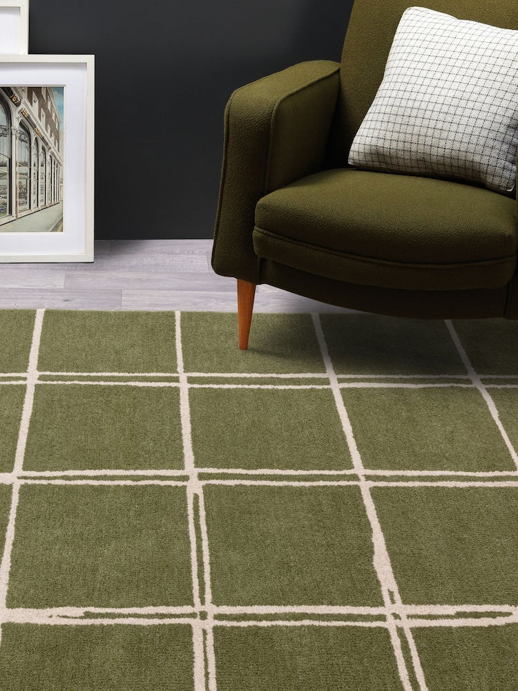 Modern Olive Green Grid Area Rug – Hand-Tufted Wool Carpet with Minimalist Checkered Pattern for Living Room, Bedroom & Office Decor