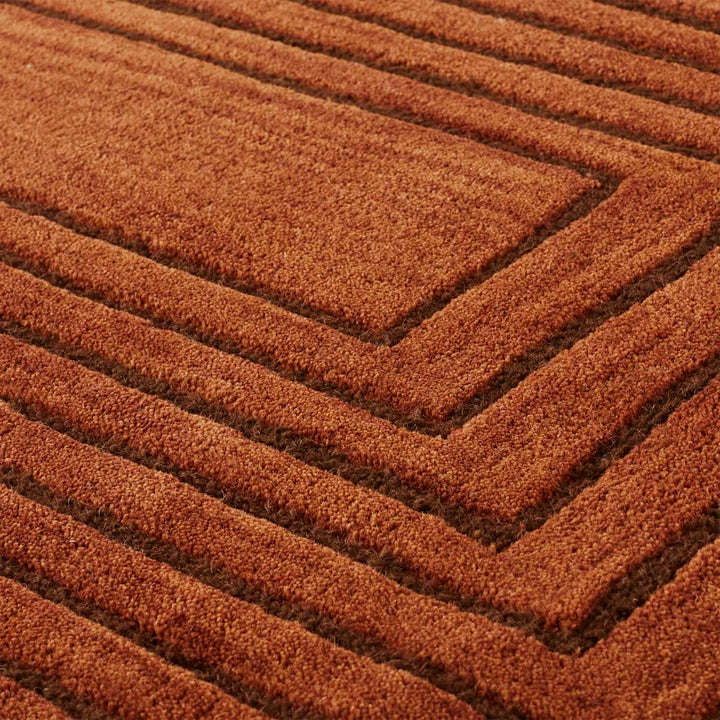 Hand Tufted Modern Geometric Area Rug – Rust Orange Abstract Linear Design Wool Carpet for Living Room, Bedroom & Dining Room | Handmade Contemporary Home Decor | Custom Size Rug