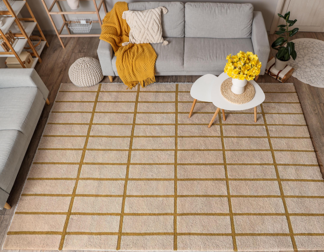Modern Beige & Mustard Grid Wool Area Rug – Hand-Tufted Geometric Carpet for Living Room & Bedroom Décor