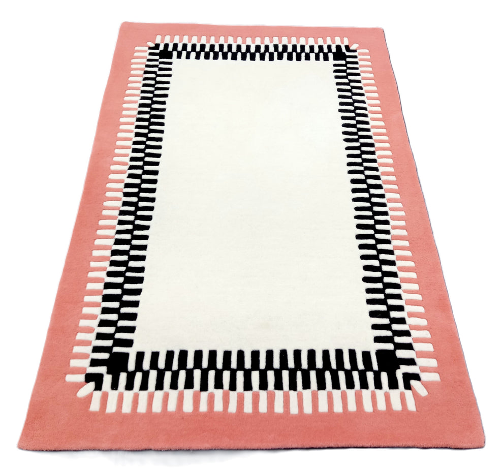 Pink Border Area Rug with Black and White Geometric Frame – Modern Hand-Tufted Wool Carpet for Living Room, Bedroom & Contemporary Home Décor