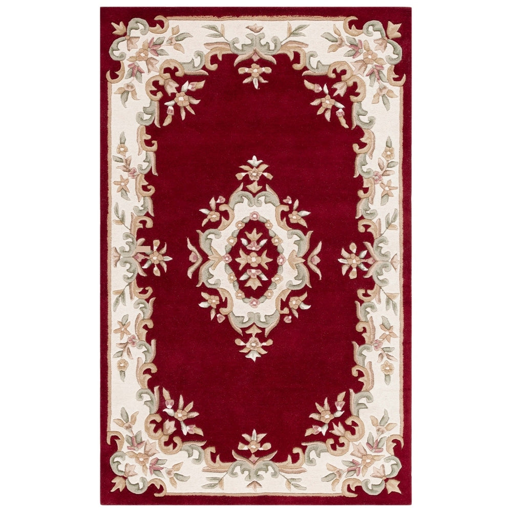 Red Aubusson Area Rug – Handcrafted Wool Carpet with Floral Border for Living Room & Bedroom Décor