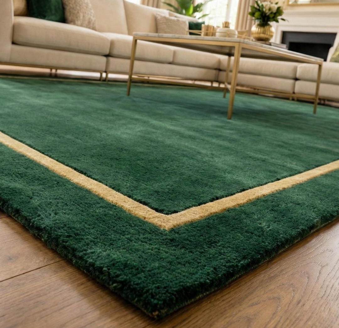 Emerald Green Hand Tufted Area Rug, Luxury Modern Border Carpet, Custom Handmade Wool Rug for Living Room, Minimalist Contemporary Rug