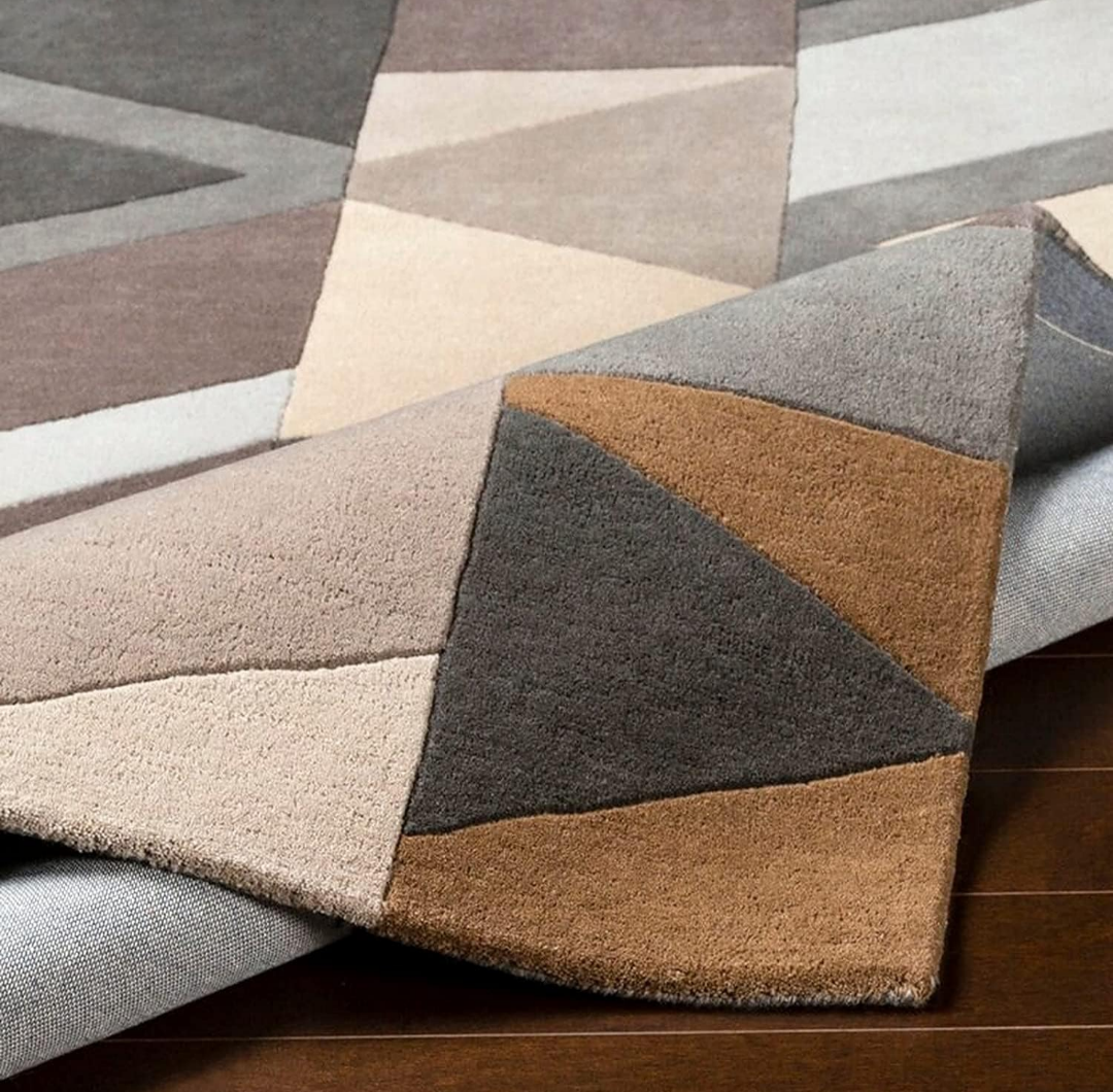 Modern Geometric Area Rug – Hand-Tufted Soft Wool Carpet in Neutral Beige, Brown & Grey Tones for Living Room & Bedroom Decor