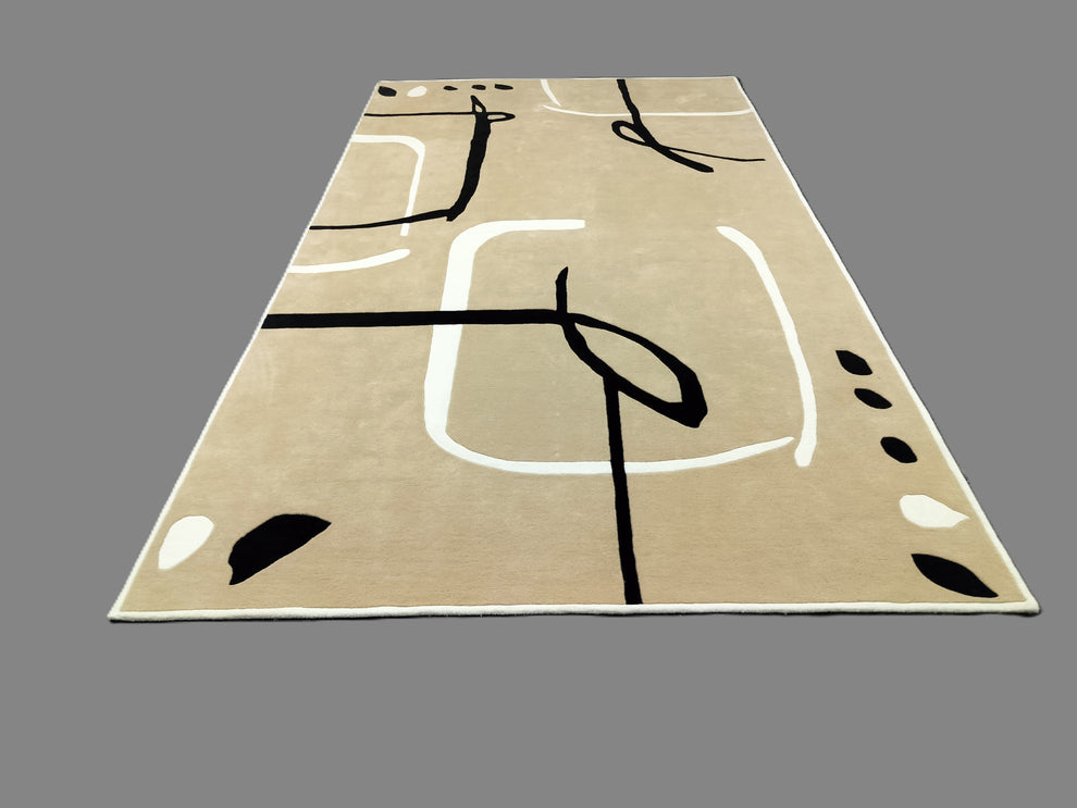 Modern Beige Abstract Area Rug – Minimalist Geometric Black & White Line Design, Soft Hand-Tufted Carpet for Living Room, Bedroom & Office Décor