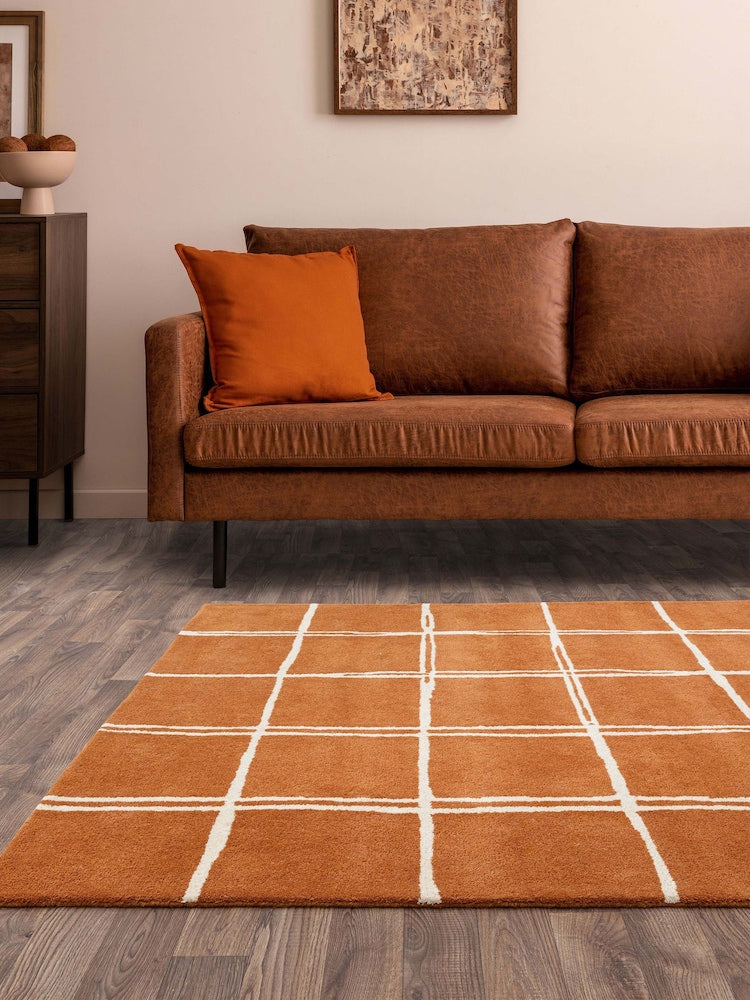 Modern Terracotta Grid Area Rug – Hand-Tufted Wool Carpet with Minimalist Checkered Pattern for Living Room, Bedroom & Office Decor