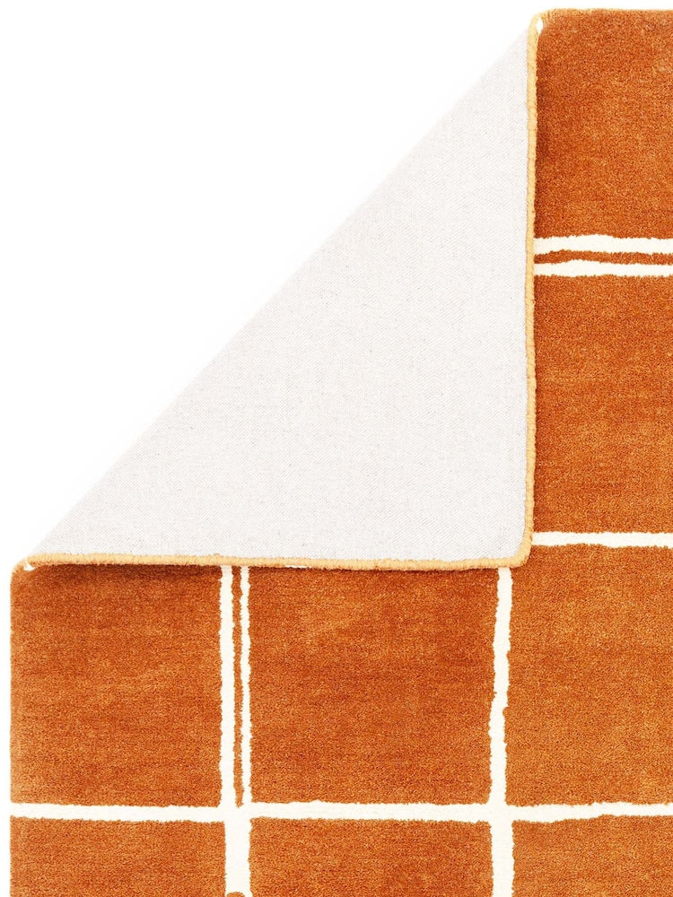 Modern Terracotta Grid Area Rug – Hand-Tufted Wool Carpet with Minimalist Checkered Pattern for Living Room, Bedroom & Office Decor