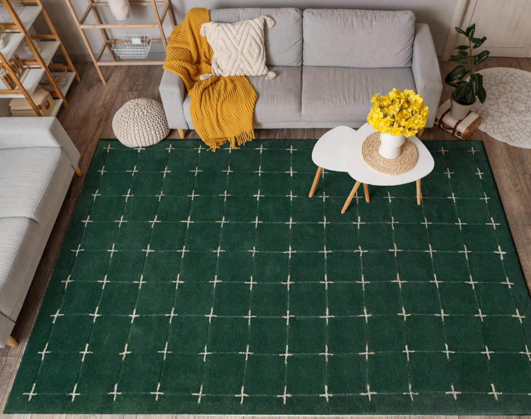 Modern Green Grid Area Rug with Cross Stitch Pattern – Minimalist Geometric Carpet for Living Room, Bedroom & Contemporary Home Décor