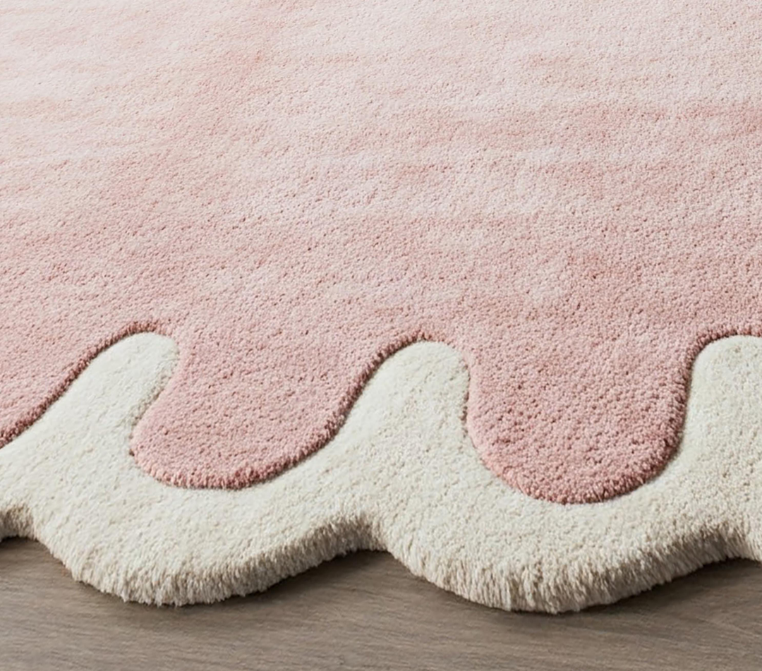 Modern Pink Wavy Edge Area Rug – Soft Plush Aesthetic Carpet for Living Room & Bedroom