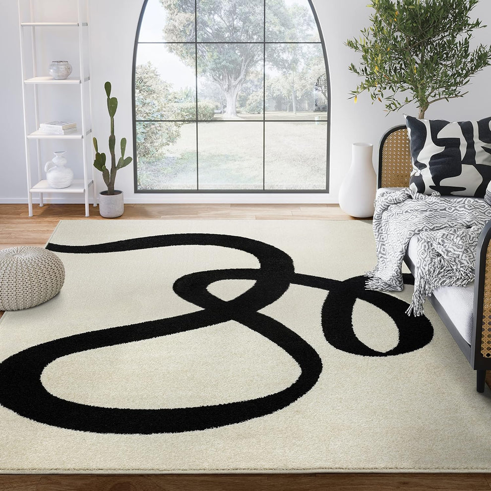Modern Abstract Black and White Rug – Minimalist Line Art Area Carpet for Living Room, Bedroom & Contemporary Home Décor
