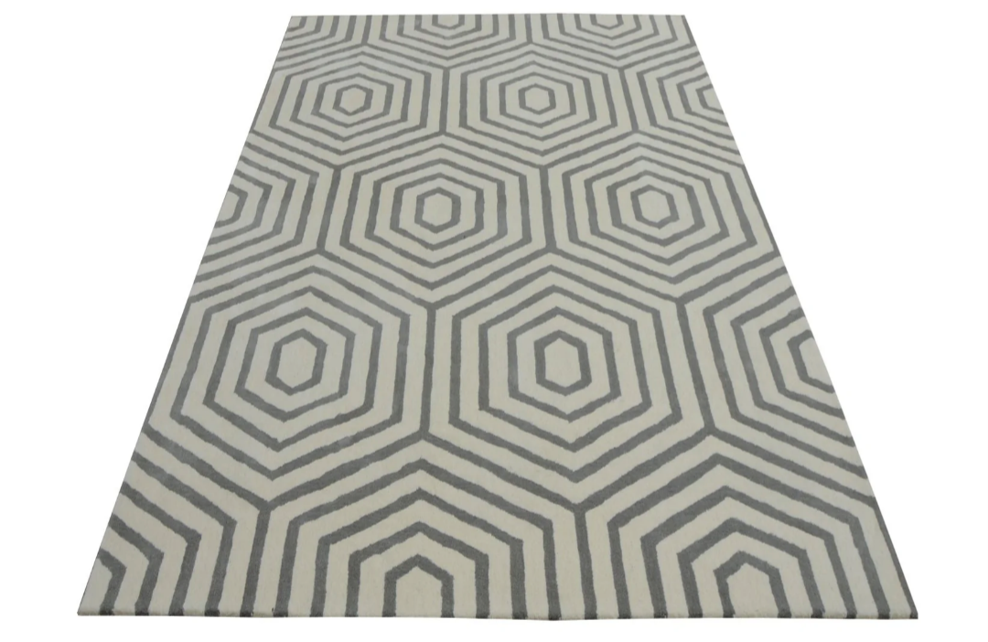 Modern Geometric Hexagon Area Rug – Hand-Tufted Wool Grey & Ivory Contemporary Carpet for Living Room, Bedroom, Office & Home Decor