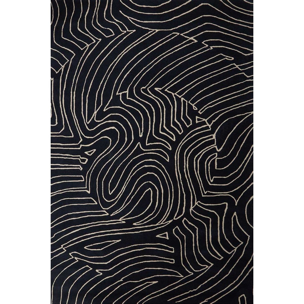 Modern Black and White Abstract Area Rug – Hand Tufted Wool Carpet with Geometric Line Pattern | Contemporary Living Room & Bedroom Decor