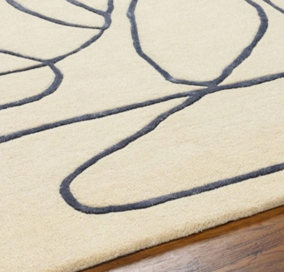 Modern Abstract Line Art Rug | Hand-Tufted Ivory Black Carpet for Living Room Decor
