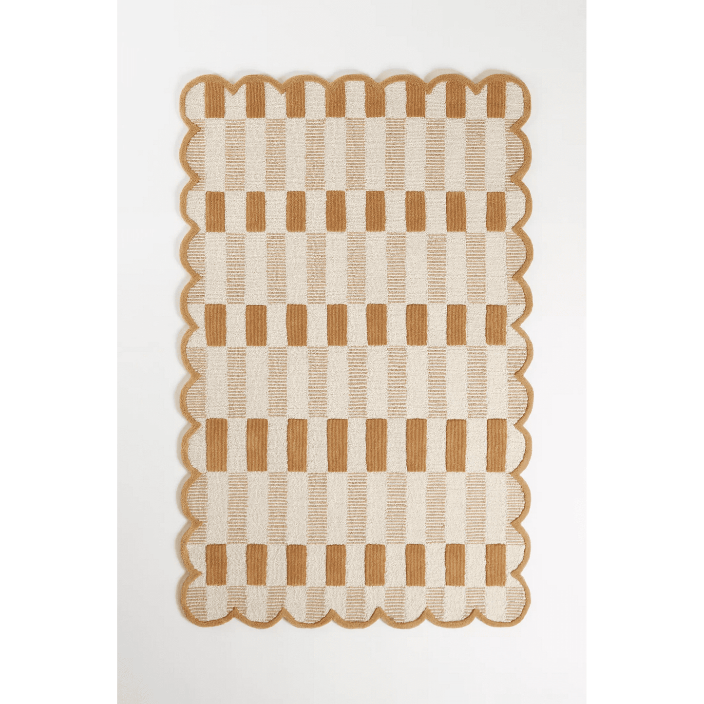 Neutral Checkerboard Scalloped Edge Rug – Beige and Brown Handmade Tufted Carpet for Minimalist or Boho Home Decor