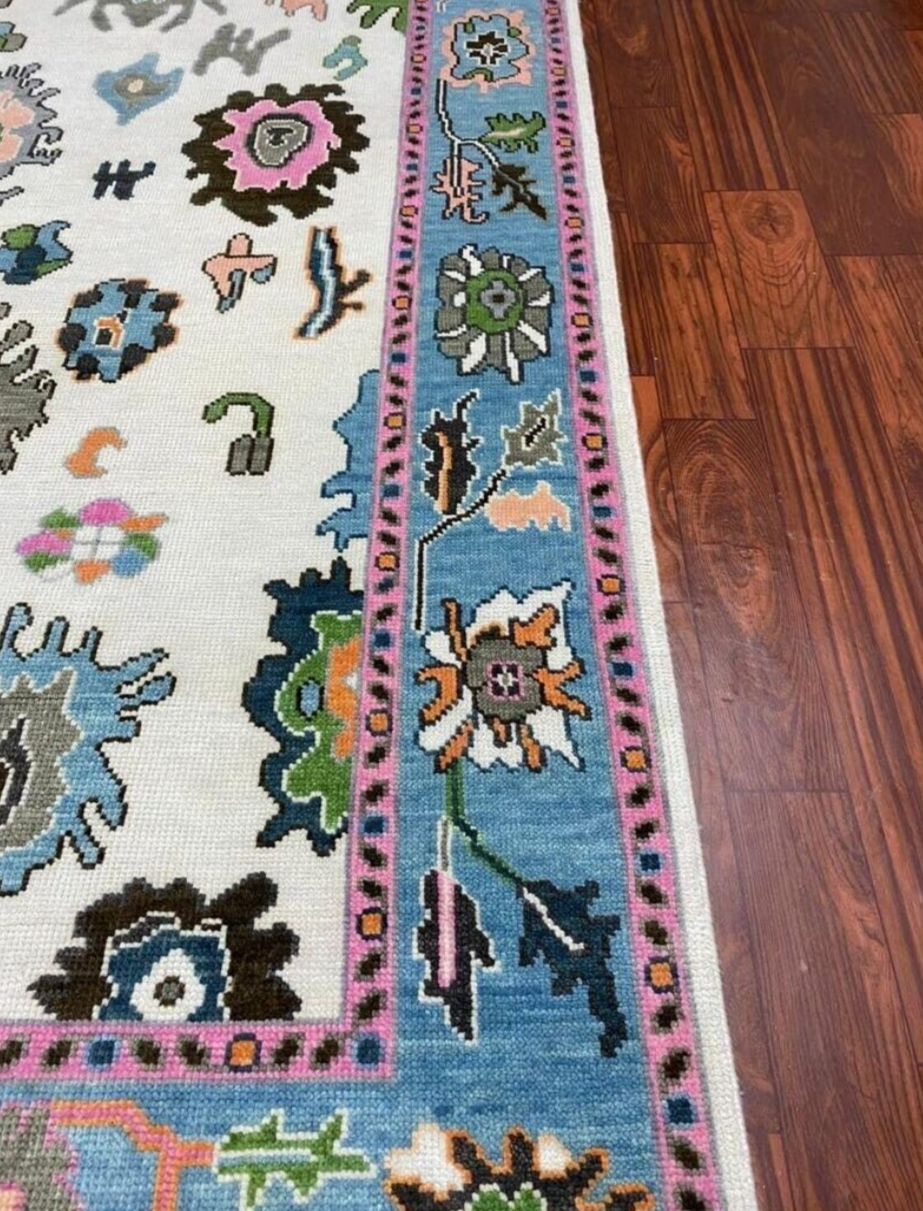Hand Knotted Oushak Rug – Modern Turkish Wool Area Rug | Blue & Pink Oriental Carpet, Bohemian Floral Design for Living Room or Bedroom