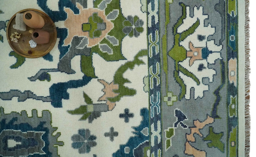 Handknotted Oushak Rug – Genuine Turkish Wool Oriental Carpet | Modern Blue & Green Floral Design