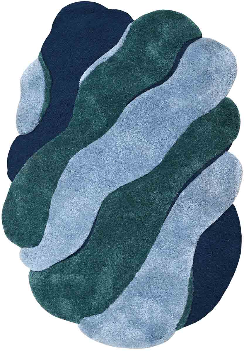 Modern Abstract Hand-Tufted Rug in Blue & Green | Contemporary Wavy Design Carpet for Living Room & Bedroom Decor
