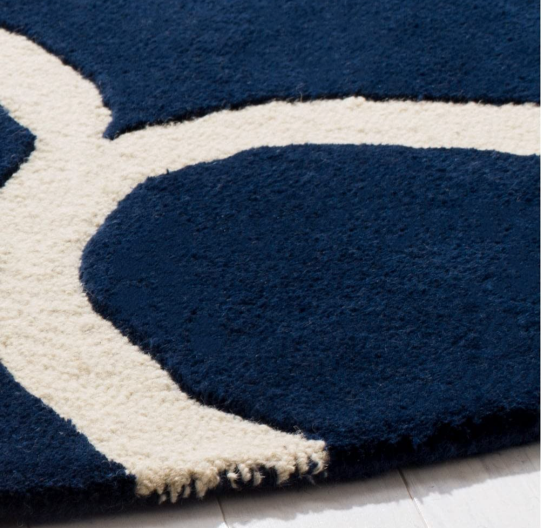 Round Navy Blue Trellis Area Rug – Modern Geometric Carpet for Living Room, Bedroom, or Office Decor