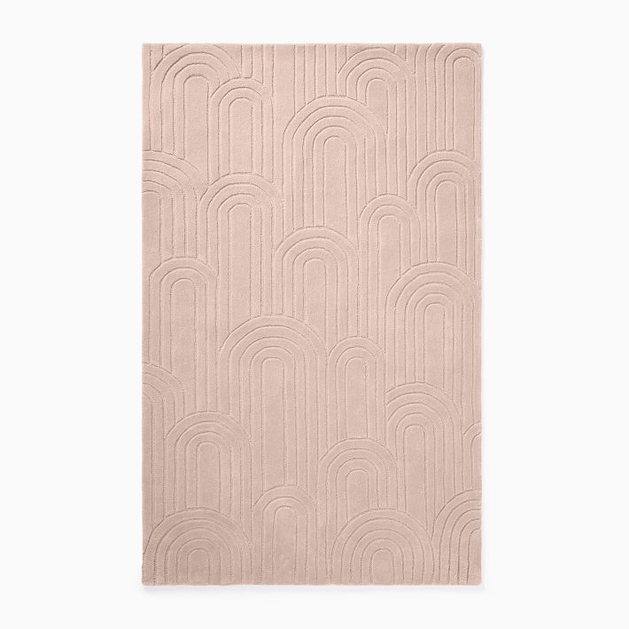 Modern Art Deco Hand-Tufted Rug | Blush Pink Geometric Rainbow Pattern Carpet | Minimalist Textured Area Rug for Living Room & Bedroom