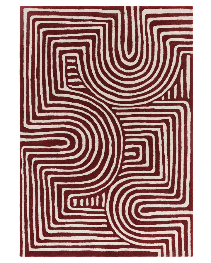 Modern Abstract Line Art Area Rug – Hand-Tufted Wool Burgundy Red & Ivory Geometric Carpet for Living Room, Bedroom, Office & Home Interior Decor