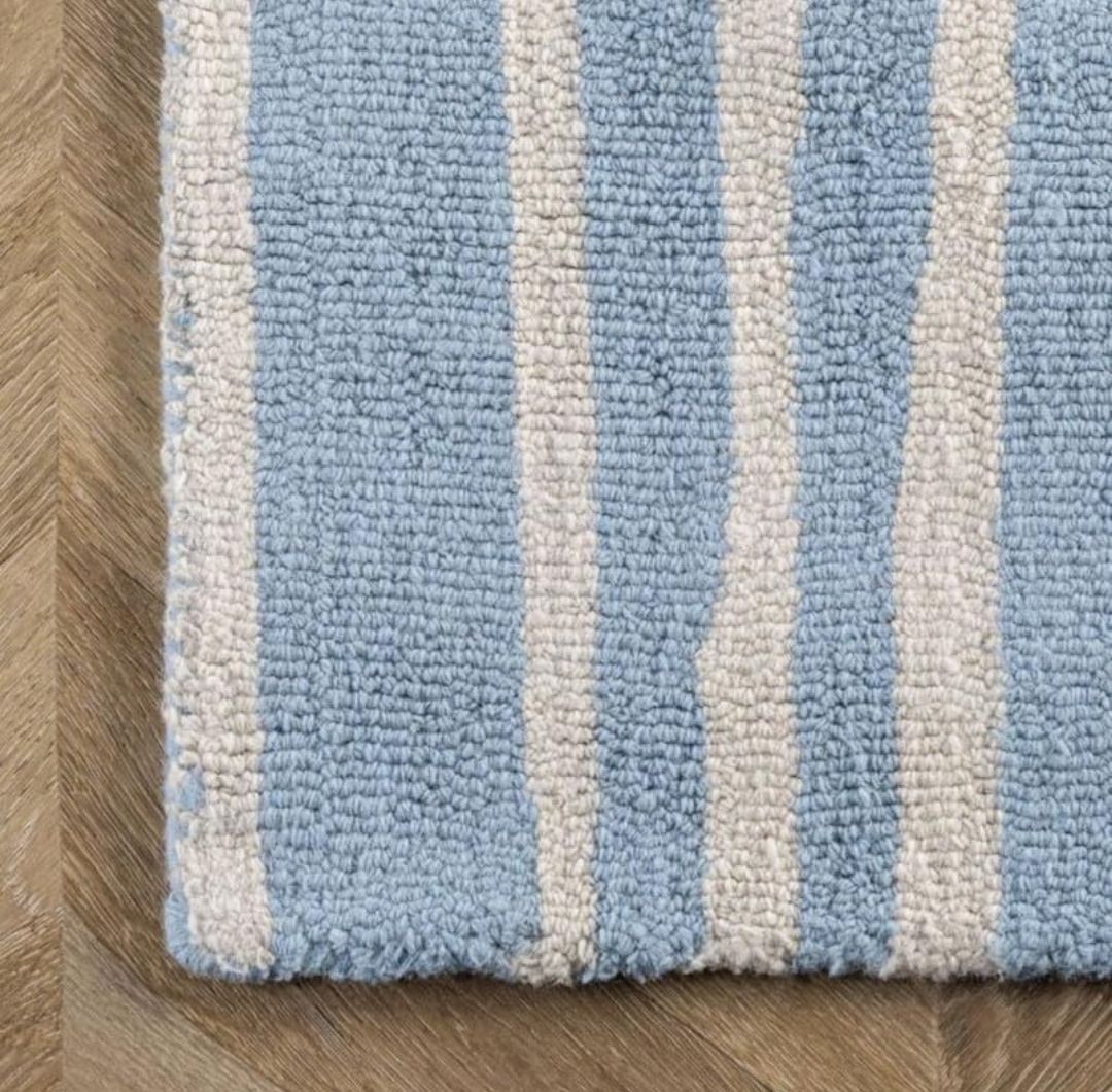 Handmade Blue and White Wool Rug – Modern Abstract Striped Carpet for Living Room, Bedroom or Nursery Decor