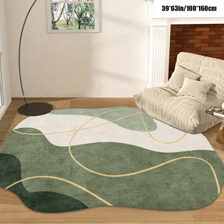 Modern Abstract Green Area Rug for Living Room | Irregular Shape Carpet with Minimalist Design | Soft Floor Mat for Bedroom & Home Décor