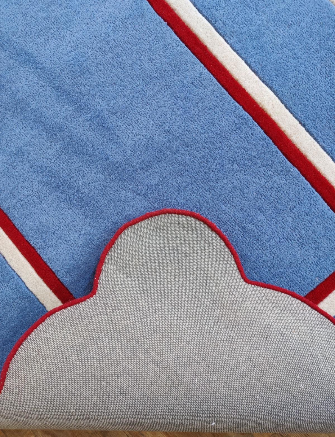 Handmade Blue Scalloped Edge Rug with Red Border | Modern Geometric Wool Carpet for Living Room, Bedroom & Kids Room