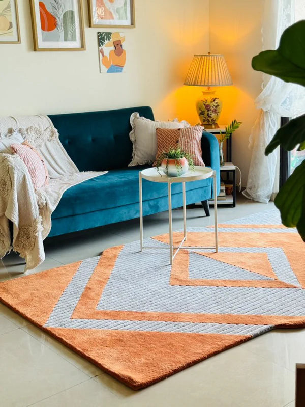 Modern Geometric Orange & Cream Area Rug – Hand Tufted Striped Diamond Pattern Carpet for Living Room, Bedroom & Contemporary Home Décor