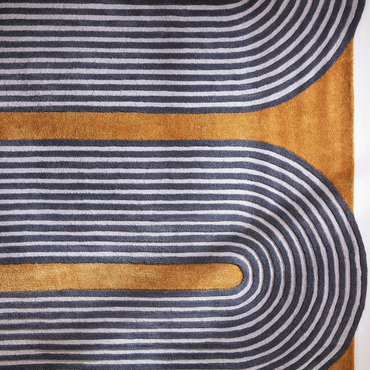 Modern Hand Tufted Wool Area Rug – Abstract Geometric Striped Carpet in Mustard Gold, Charcoal & Ivory | Contemporary Living Room, Bedroom & Office Decor | Custom Size Rug