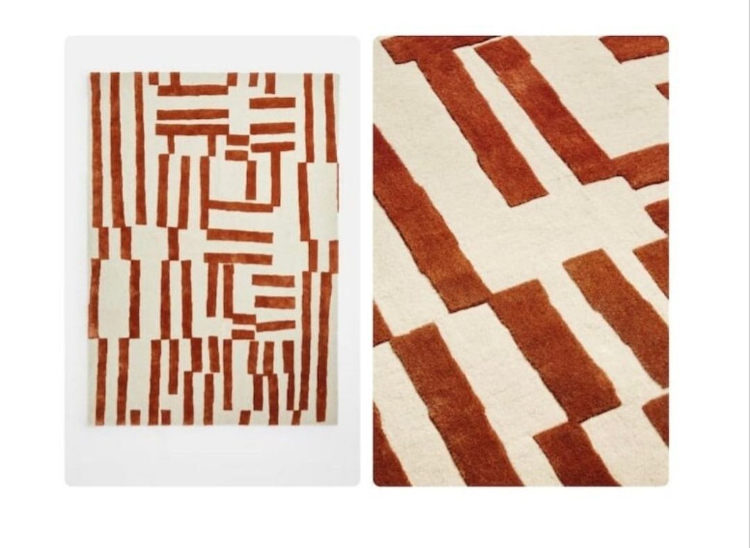 Modern Geometric Abstract Area Rug – Hand-Tufted Rust & Cream Striped Carpet for Living Room, Bedroom & Office Decor