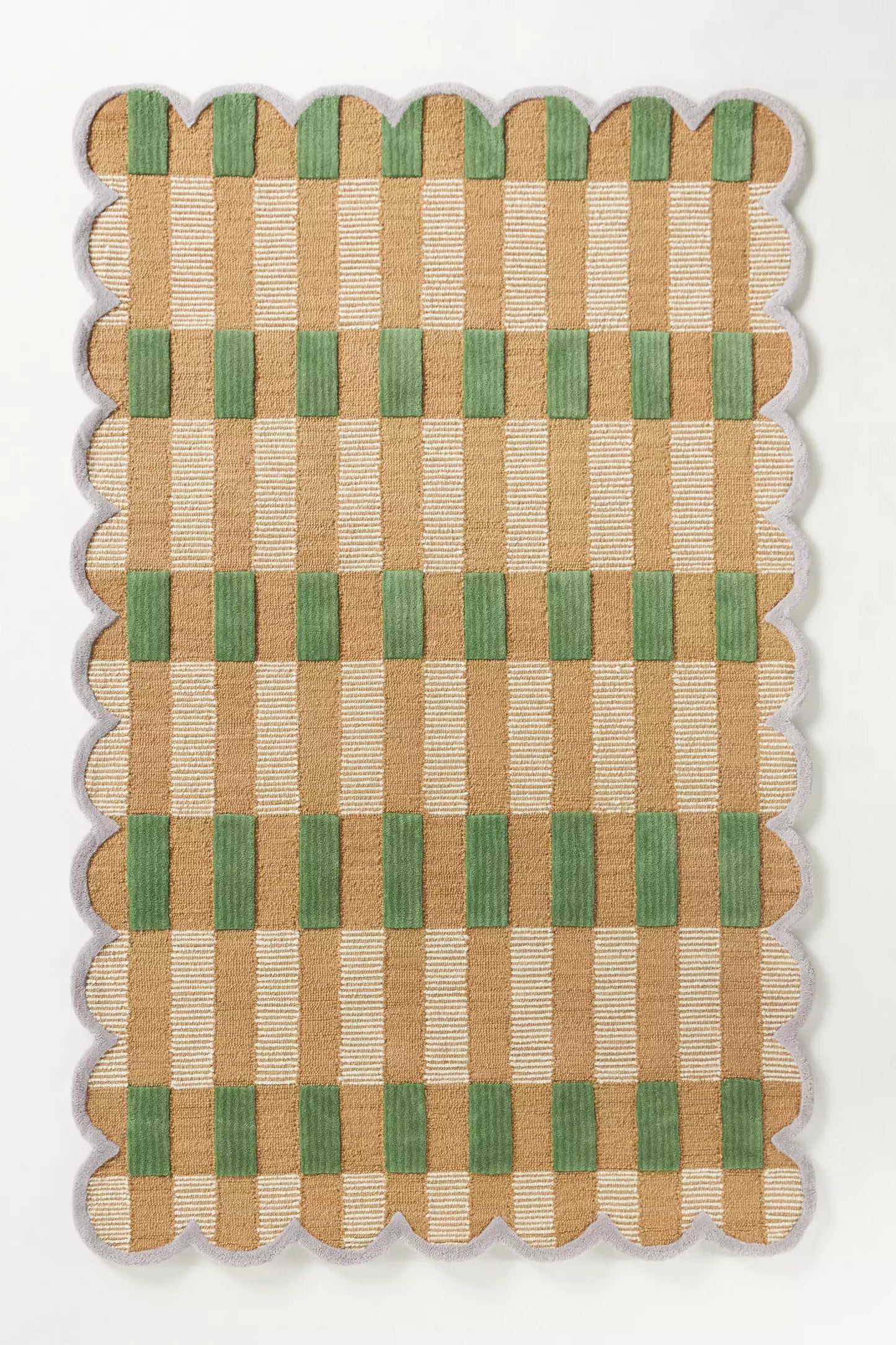 Green and Beige Checkerboard Scalloped Rug – Handmade Tufted Carpet for Modern Boho Living Room, Nursery or Entryway