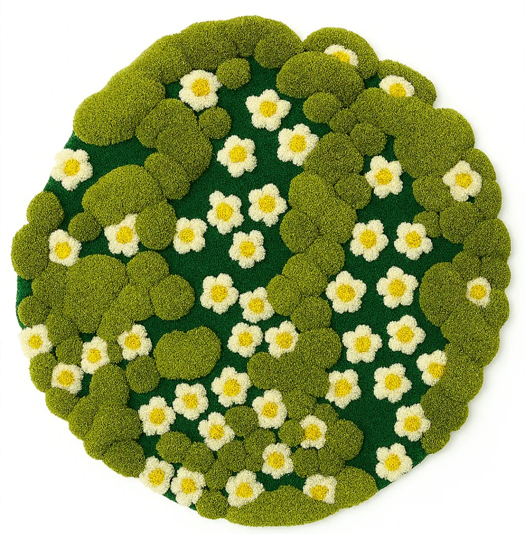 Round Green Floral Tufted Rug – 3D Daisy Bloom Design, Soft Plush Carpet for Living Room, Bedroom & Nursery Décor
