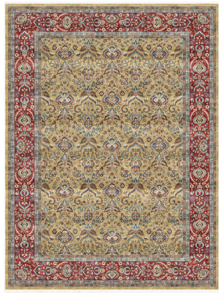 Luxury Persian Silk Area Rug – Golden Beige & Red Floral Palace Design, Soft Shiny Finish, Premium Elegant Carpet for Living Room & Bedroom