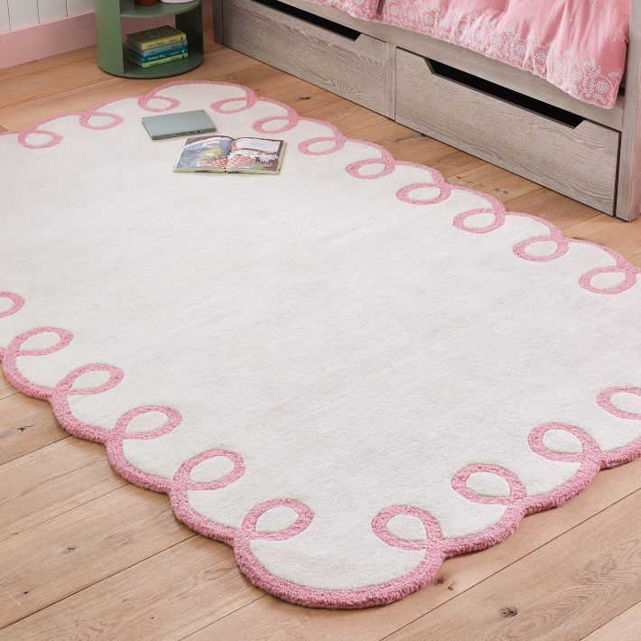 Whimsical Hand-Tufted Rug | Cream & Pink Scalloped Edge Area Carpet | Playful Modern Accent Rug for Nursery, Kids Room & Living Space