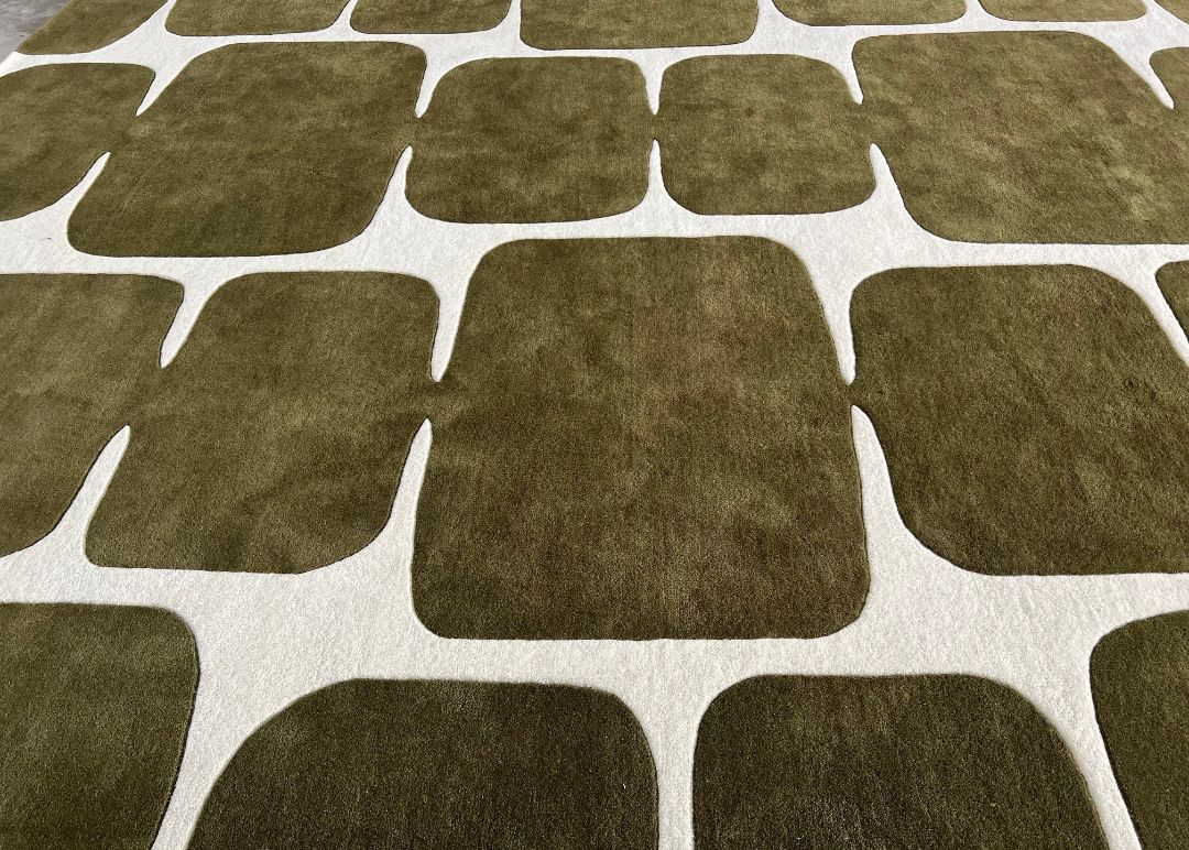 Modern Geometric Olive Green Rug – Abstract Grid Pattern Nuha Rugs