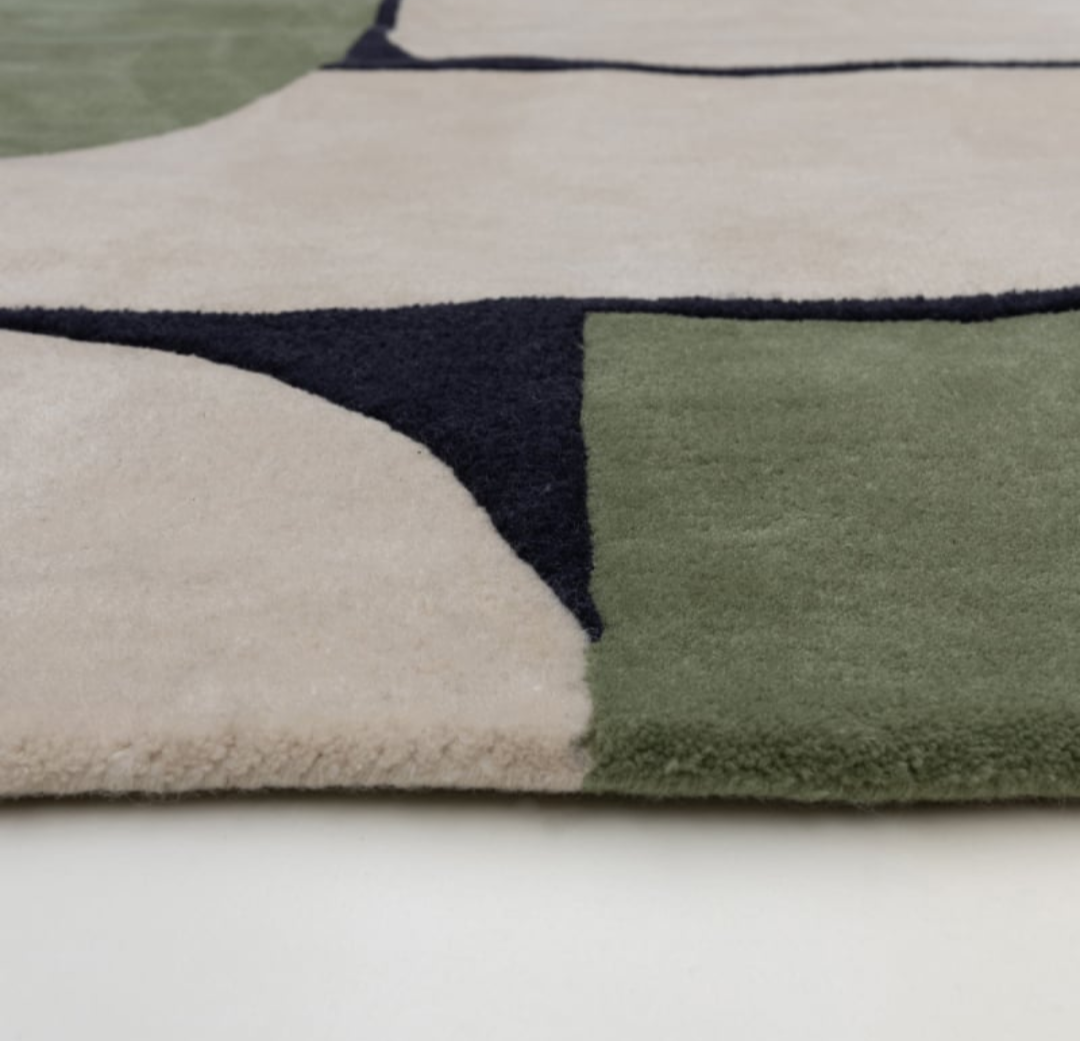Modern Geometric Rectangle Rug – Hand-Tufted Wool Carpet | Green Black Beige Contemporary Area Rug for Living Room, Bedroom, Office